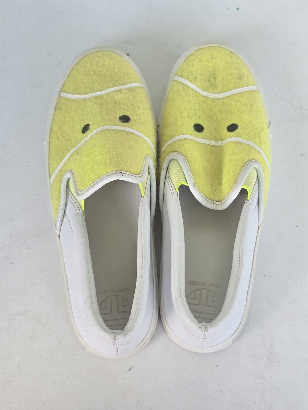 Tory Sport Yellow Tennis Ball Slip On Sneakers Loafers White Leather Sz 6.5M - Picture 2 of 15